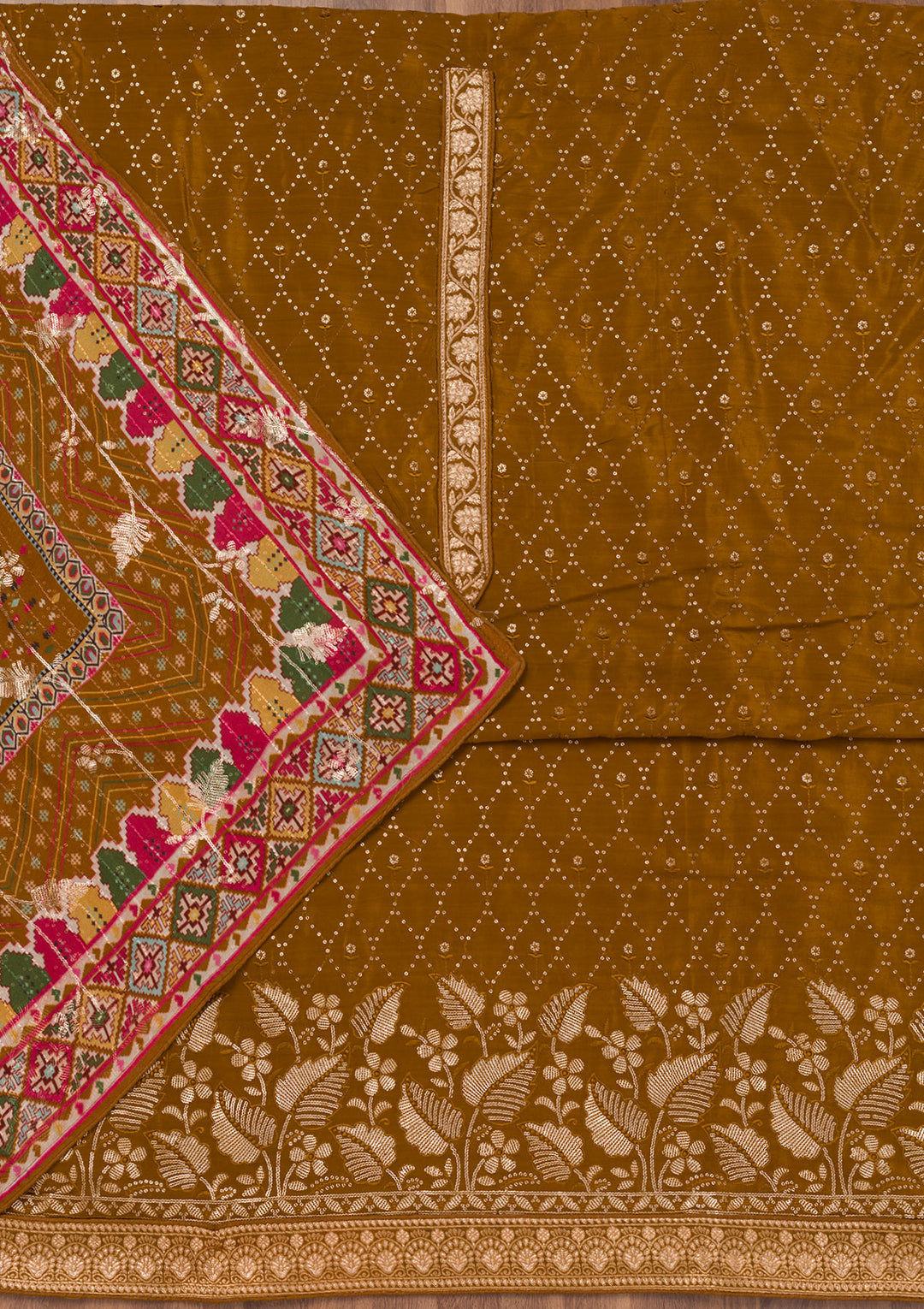 Brown Zariwork Semi Crepe Unstitched Salwar Suit