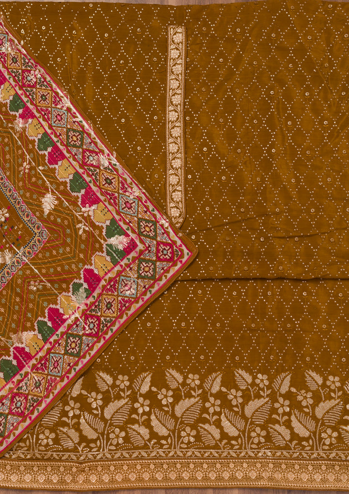 Brown Zariwork Semi Crepe Unstitched Salwar Suit