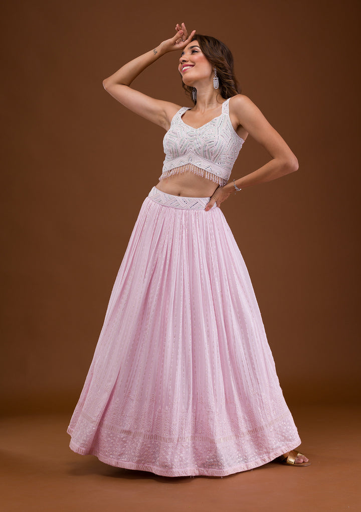 Cream Cutdana Georgette Readymade Lehenga