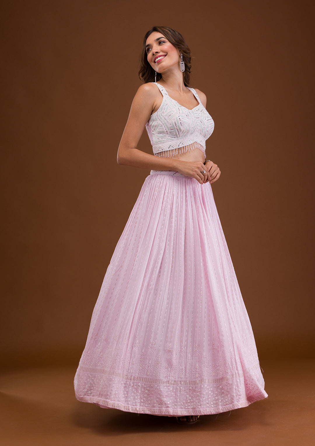 Cream Cutdana Georgette Readymade Lehenga