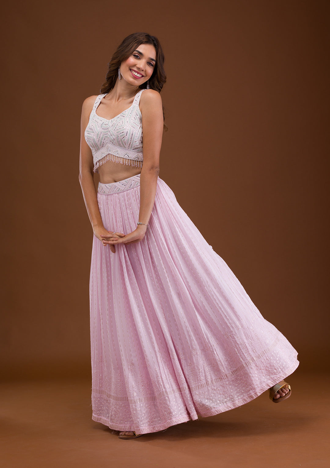 Cream Cutdana Georgette Readymade Lehenga