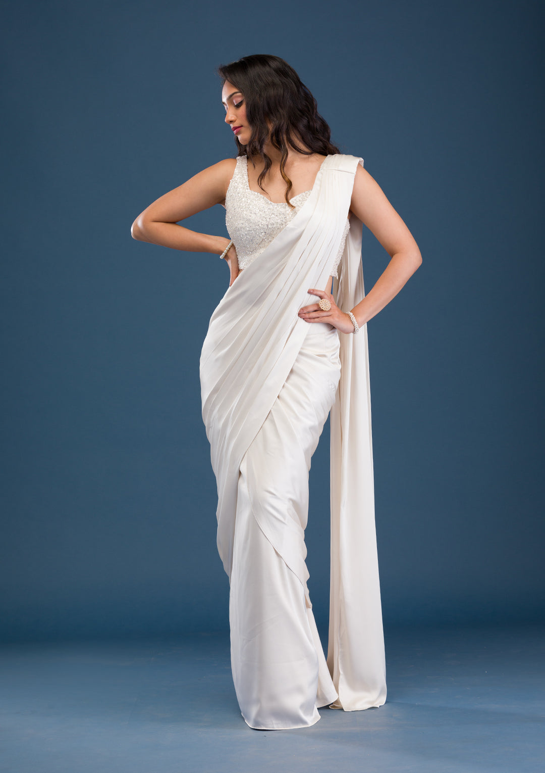 Cream Cutdana Satin Readymade Saree