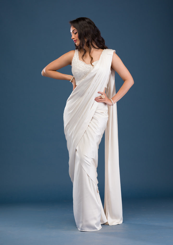 Cream Cutdana Satin Readymade Saree