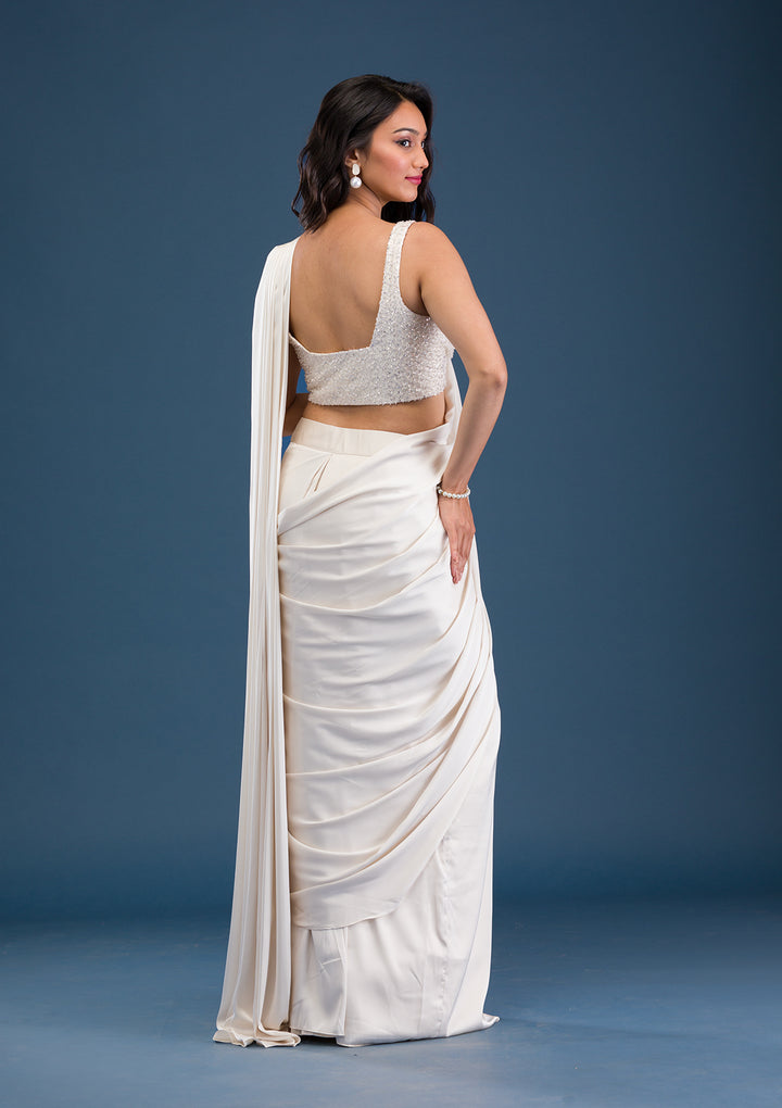 Cream Cutdana Satin Readymade Saree