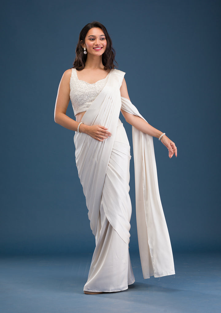 Cream Cutdana Satin Readymade Saree
