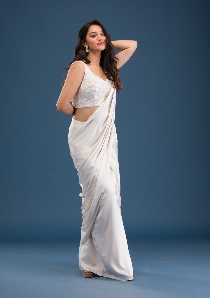 Cream Cutdana Satin Readymade Saree