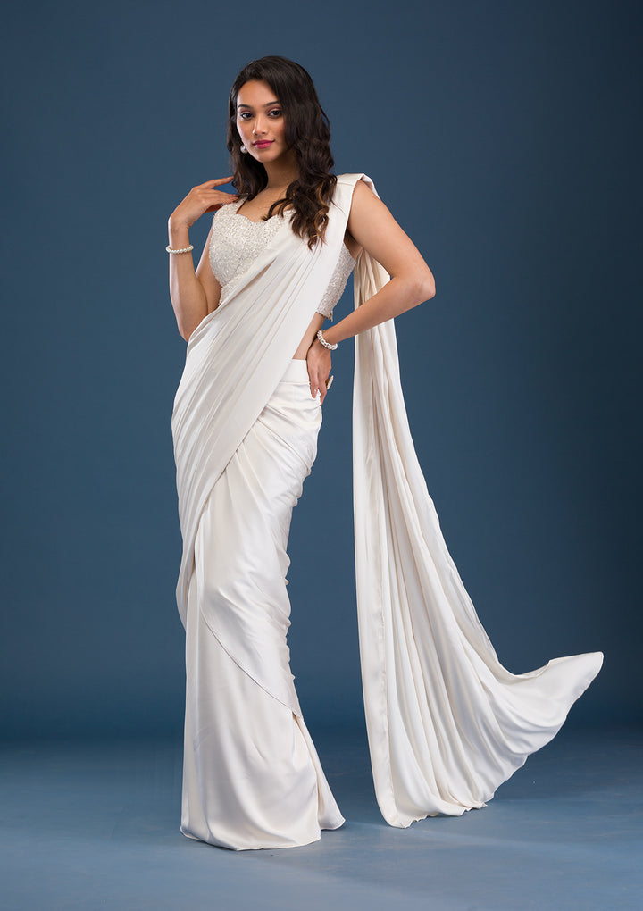 Cream Cutdana Satin Readymade Saree