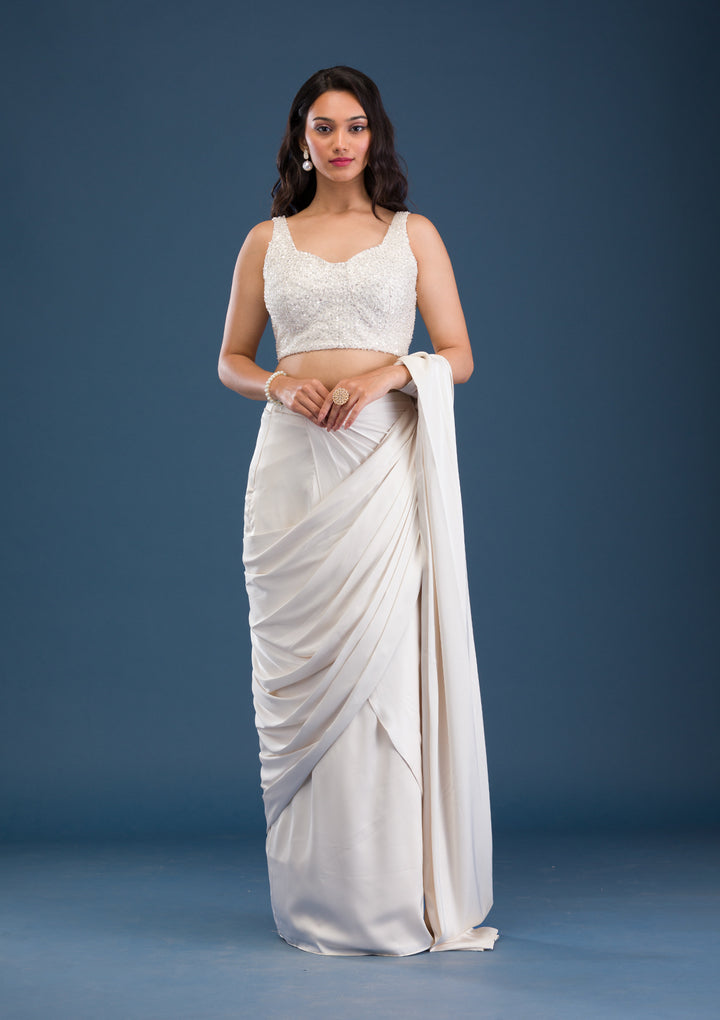 Cream Cutdana Satin Readymade Saree