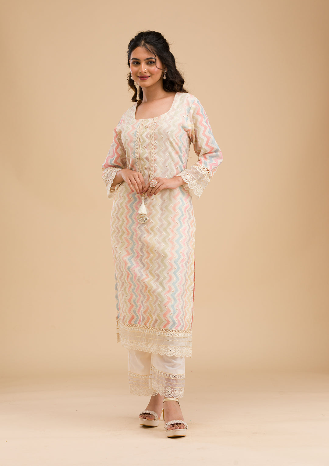 Cream Cutwork Cotton Readymade Salwar Suit