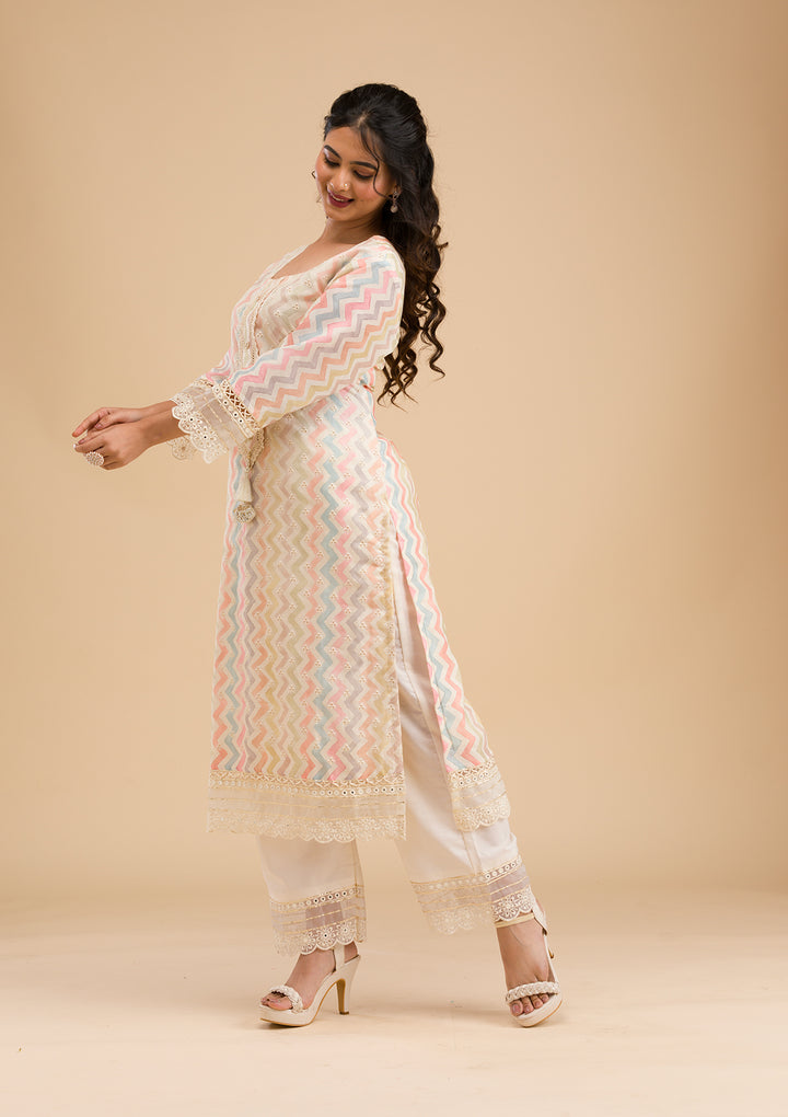 Cream Cutwork Cotton Readymade Salwar Suit