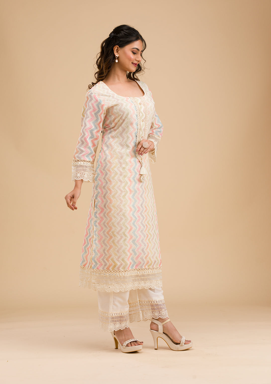 Cream Cutwork Cotton Readymade Salwar Suit