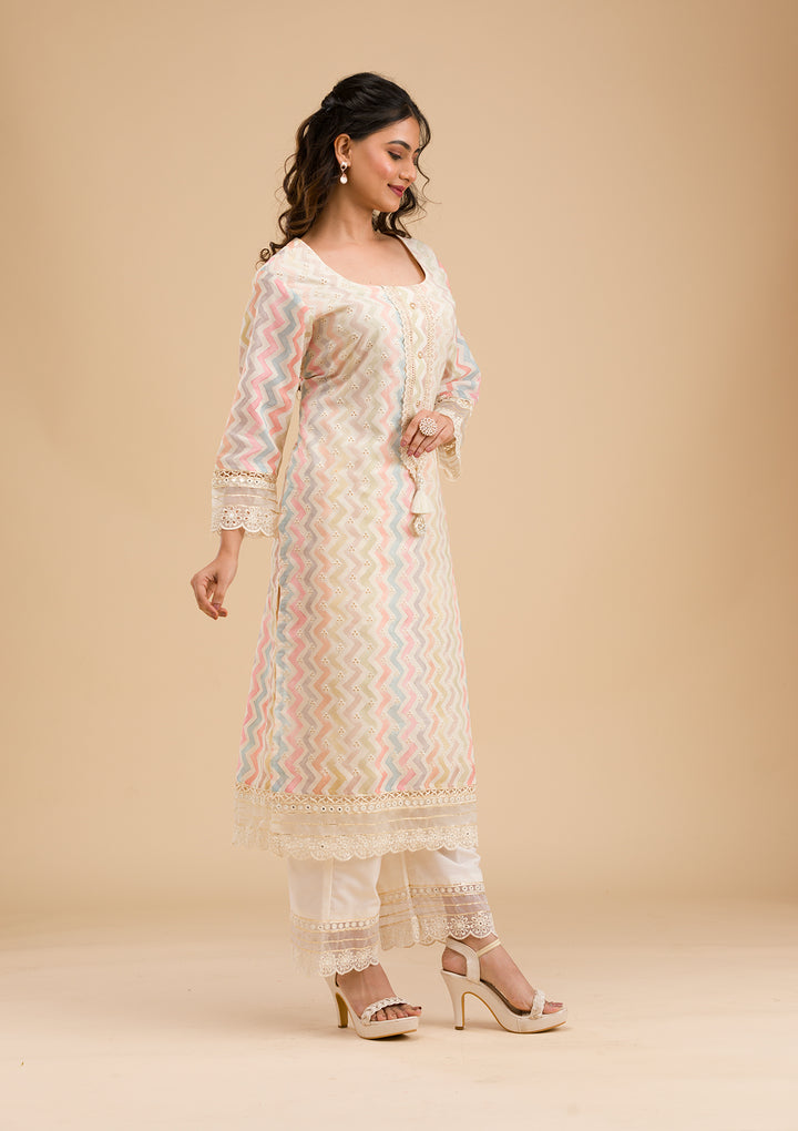 Cream Cutwork Cotton Readymade Salwar Suit