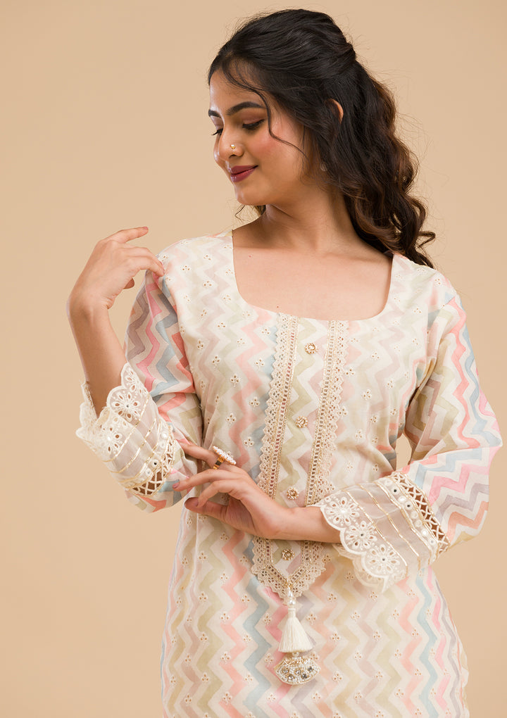 Cream Cutwork Cotton Readymade Salwar Suit