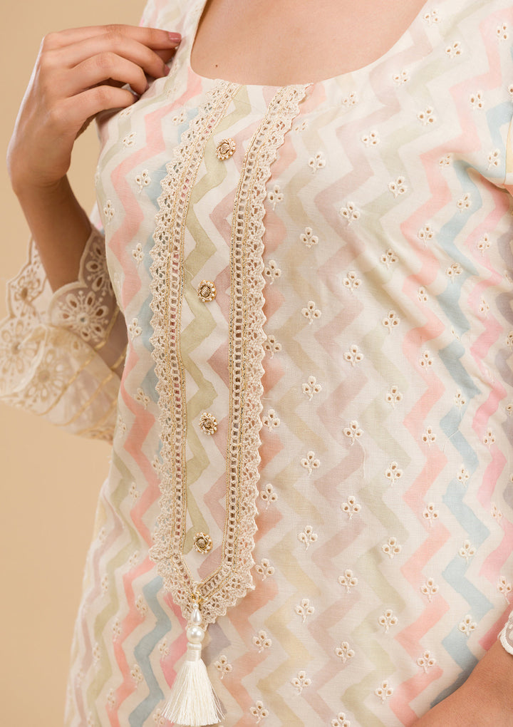 Cream Cutwork Cotton Readymade Salwar Suit
