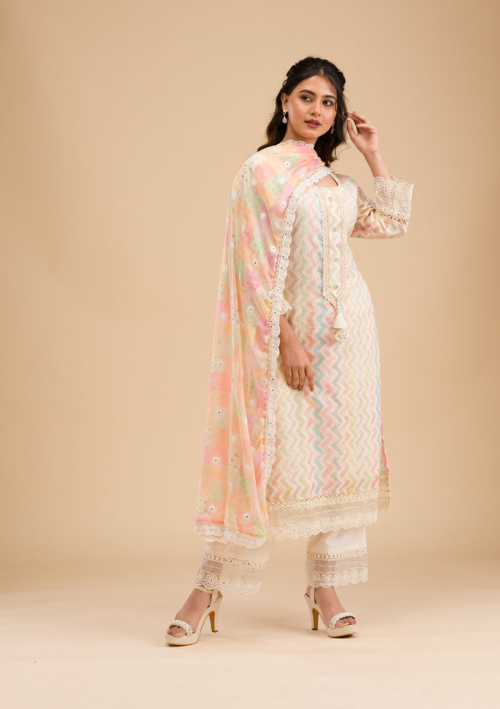 Cream Cutwork Cotton Readymade Salwar Suit