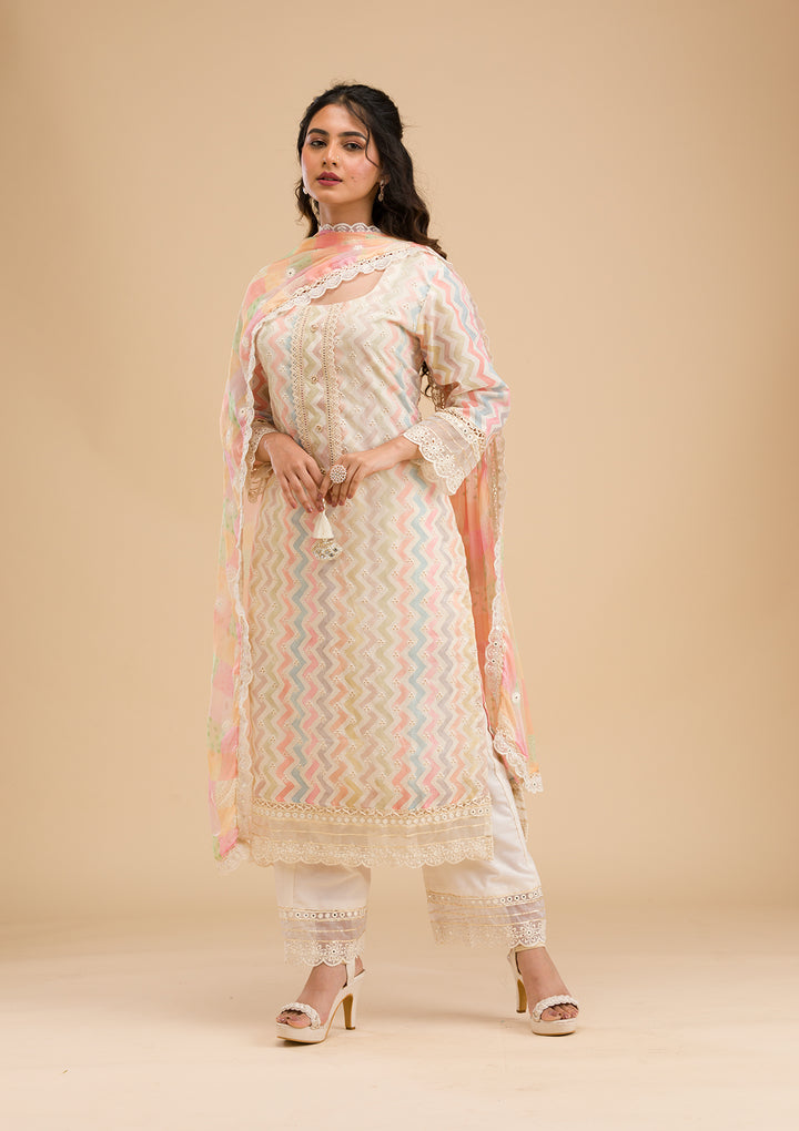 Cream Cutwork Cotton Readymade Salwar Suit