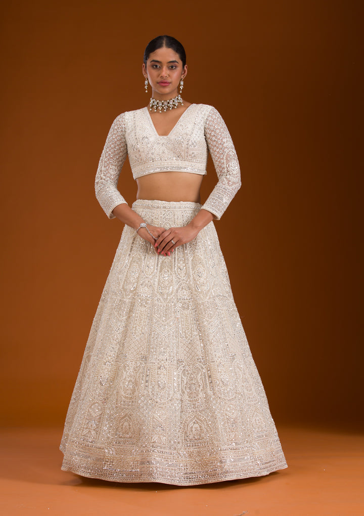 Cream Mirrorwork Net Readymade Lehenga