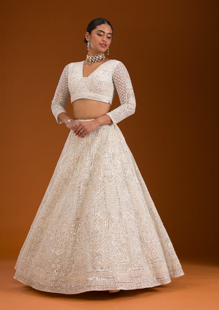 Cream Mirrorwork Net Readymade Lehenga