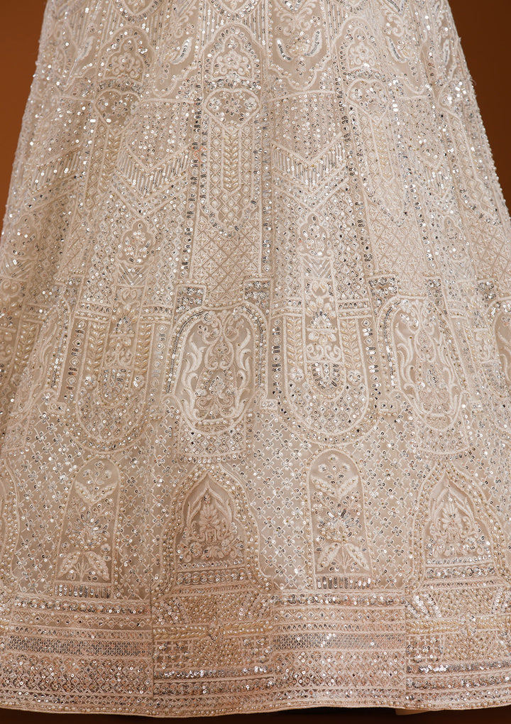 Cream Mirrorwork Net Readymade Lehenga