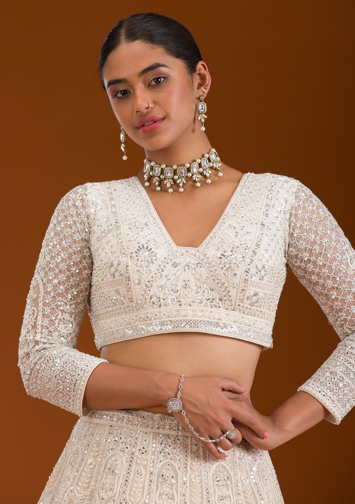 Cream Mirrorwork Net Readymade Lehenga