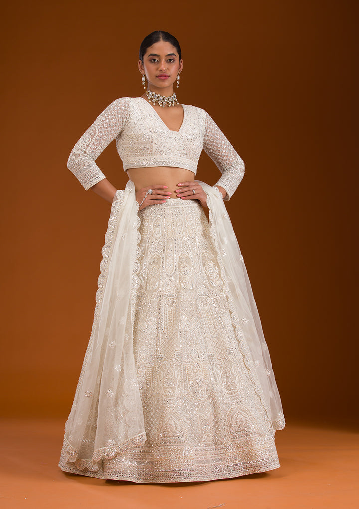 Cream Mirrorwork Net Readymade Lehenga
