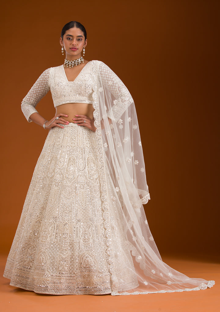 Cream Mirrorwork Net Readymade Lehenga