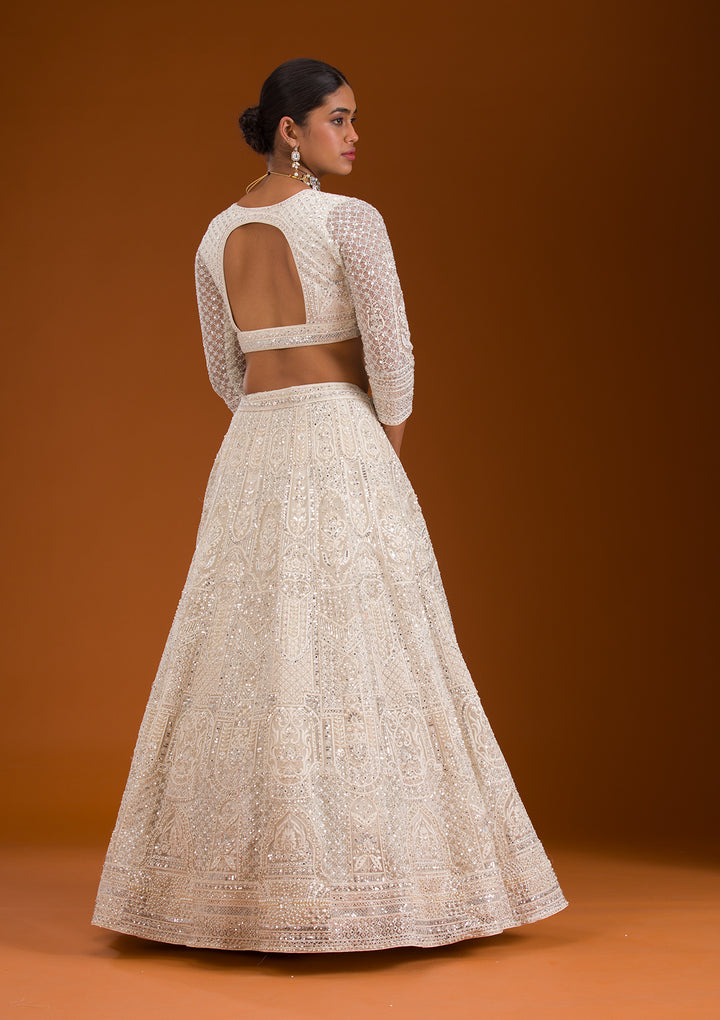 Cream Mirrorwork Net Readymade Lehenga