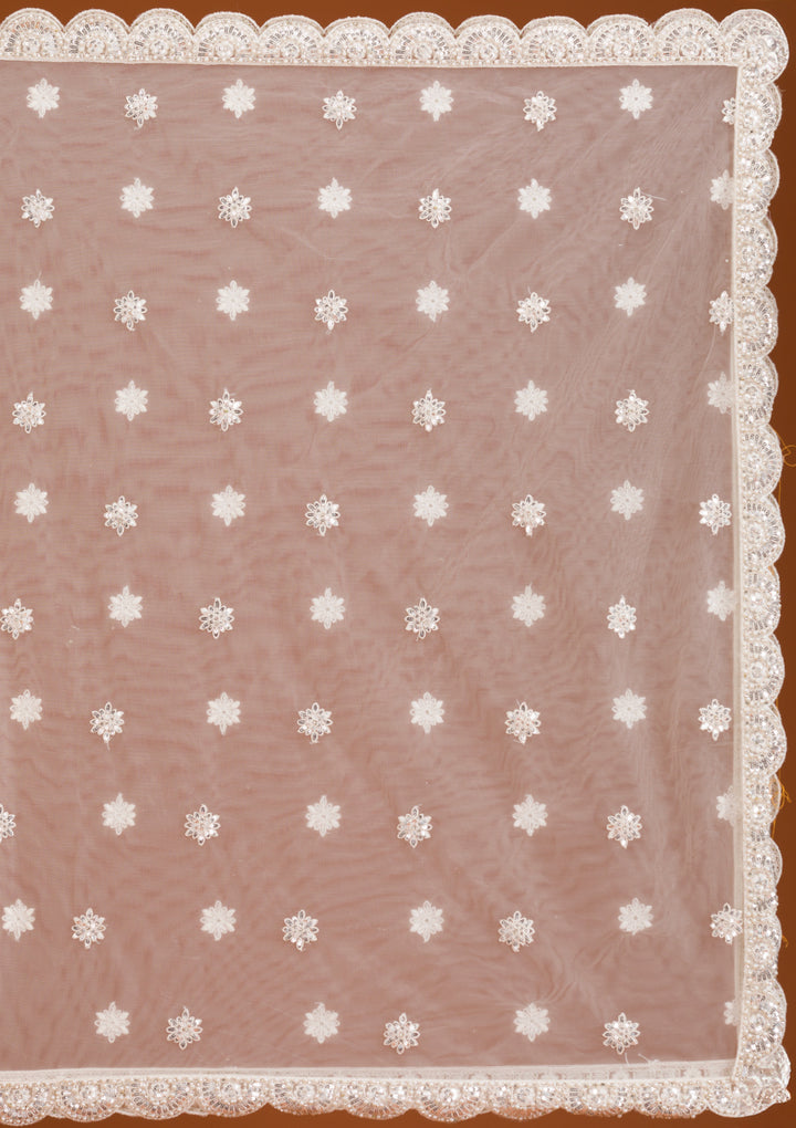 Cream Mirrorwork Net Readymade Lehenga