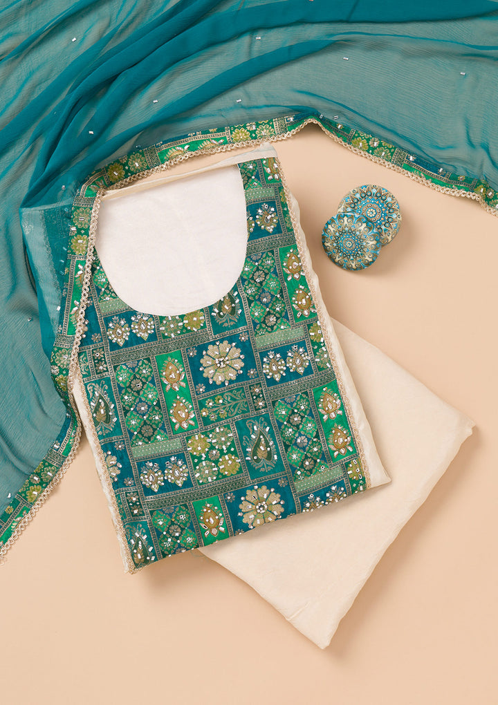 Turquoise Blue Patchwork Organza Unstitched Salwar Suit