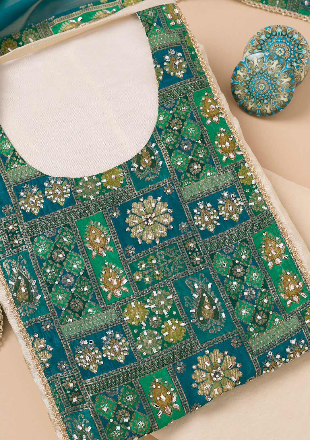 Turquoise Blue Patchwork Organza Unstitched Salwar Suit