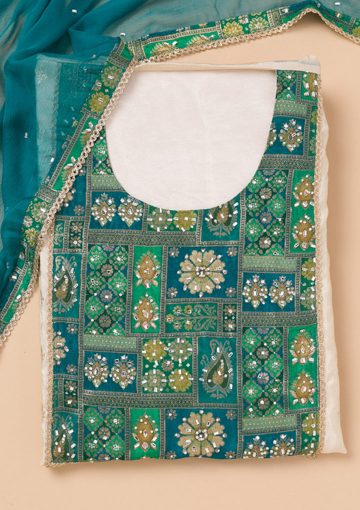 Turquoise Blue Patchwork Organza Unstitched Salwar Suit