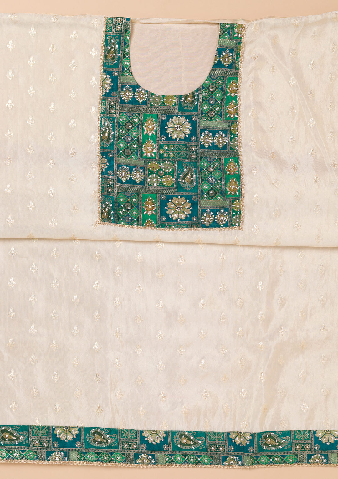 Turquoise Blue Patchwork Organza Unstitched Salwar Suit