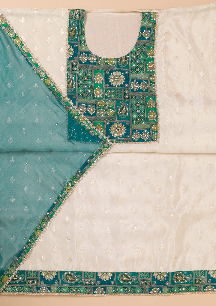 Turquoise Blue Patchwork Organza Unstitched Salwar Suit