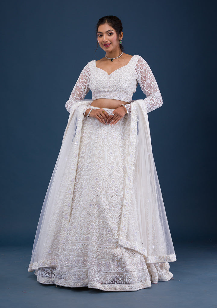 Cream Pearlwork Net Readymade Lehenga