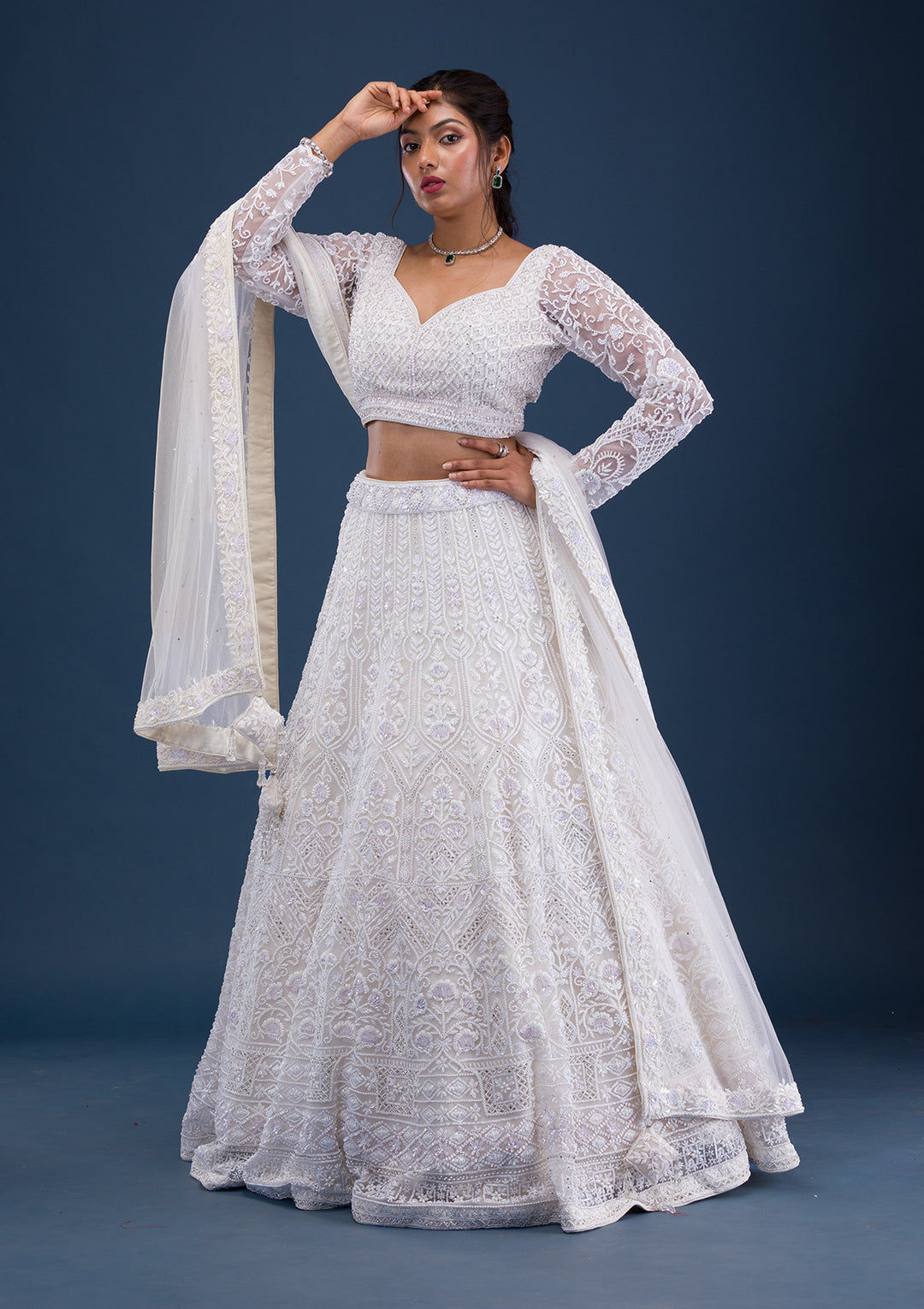 Cream Pearlwork Net Readymade Lehenga