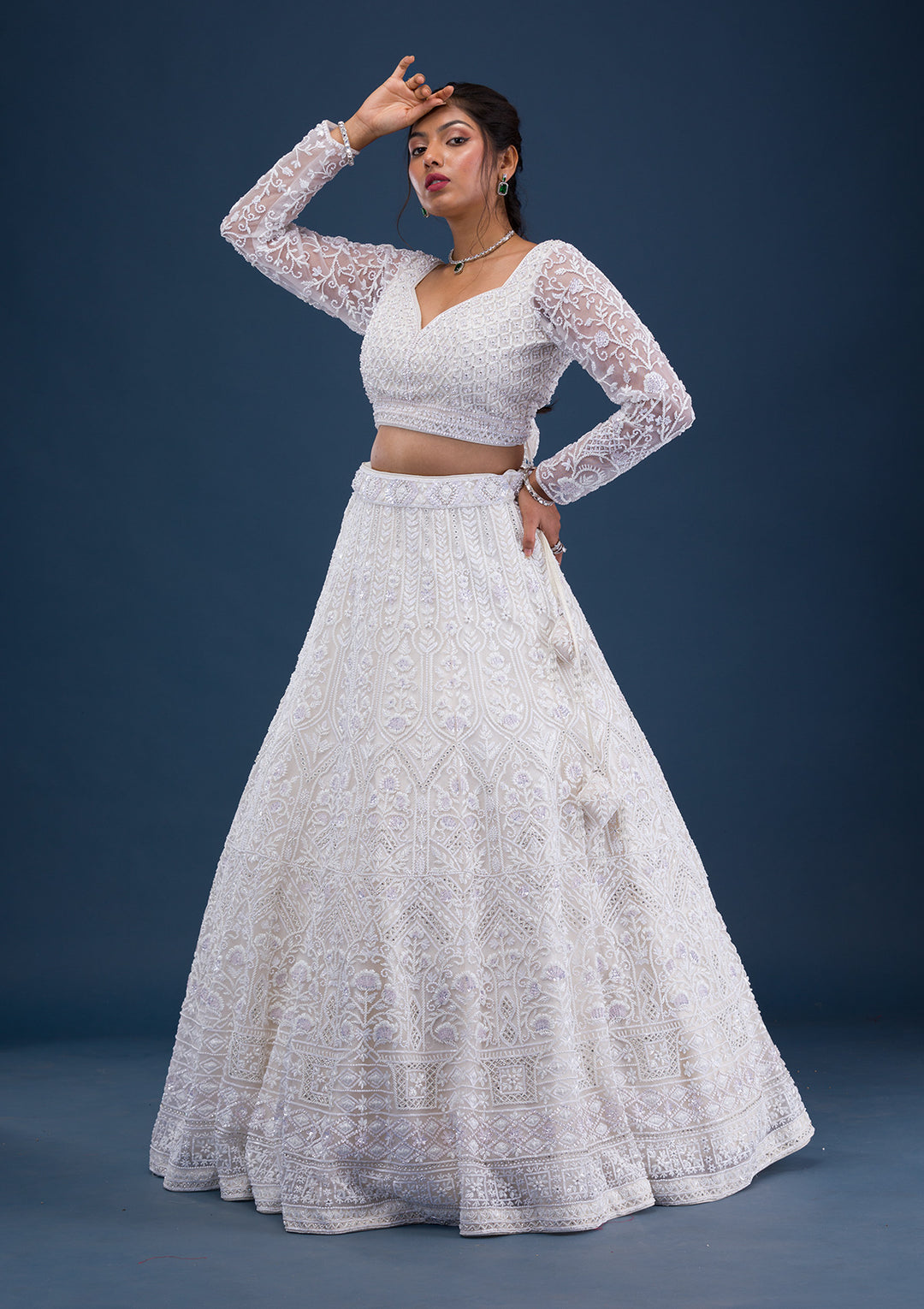 Cream Pearlwork Net Readymade Lehenga