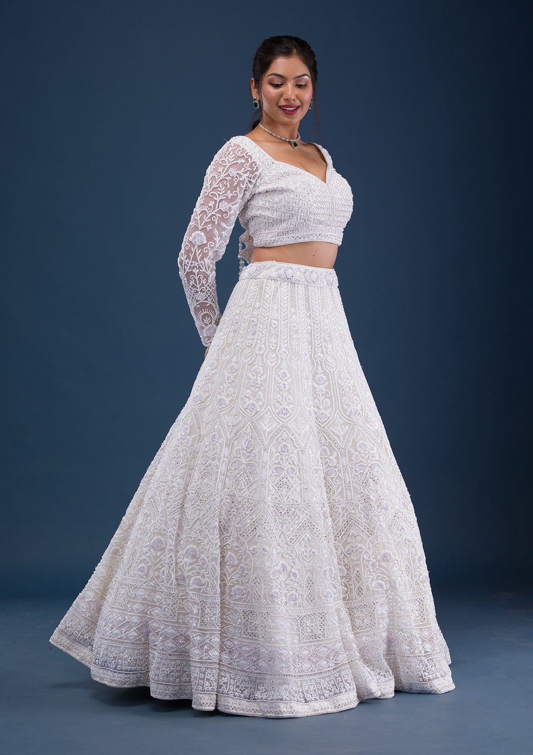 Cream Pearlwork Net Readymade Lehenga