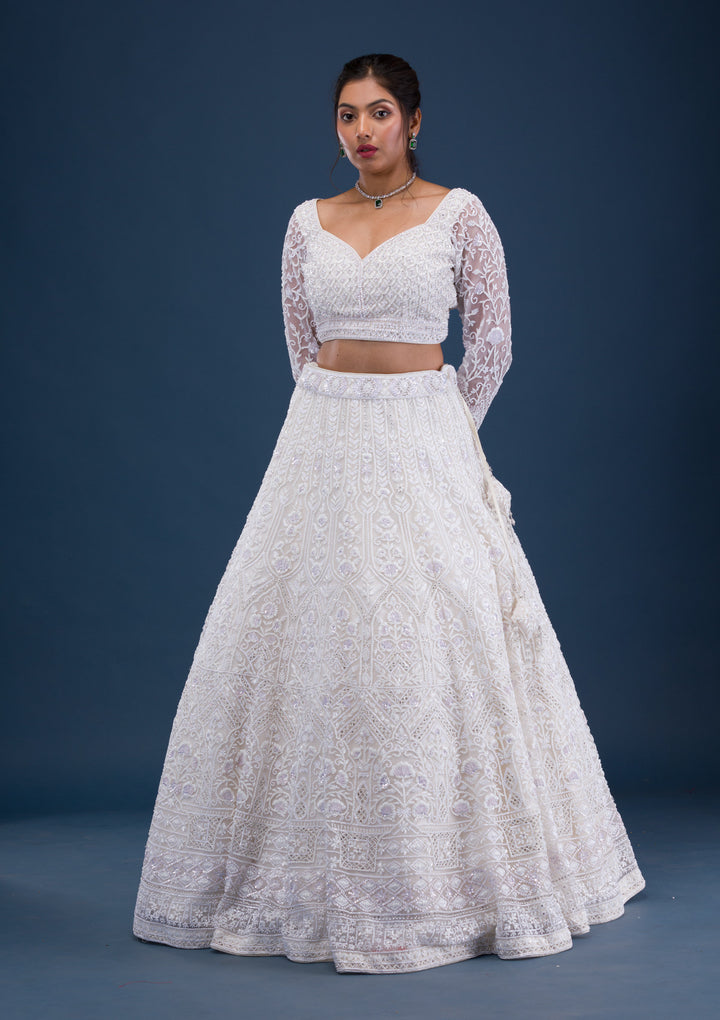 Cream Pearlwork Net Readymade Lehenga
