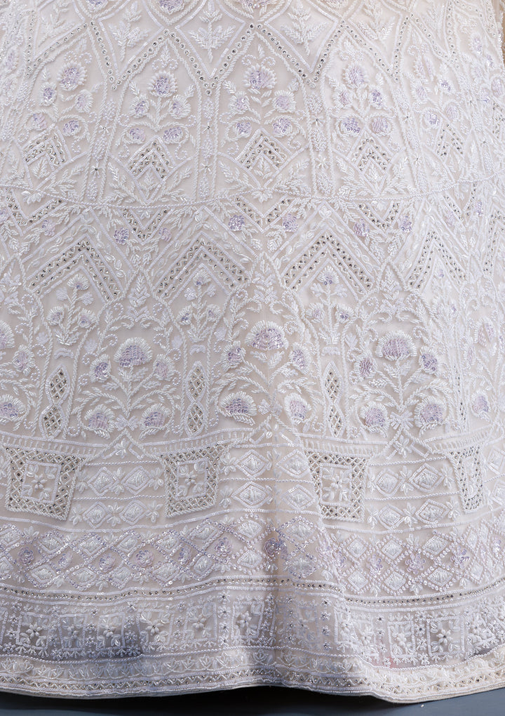 Cream Pearlwork Net Readymade Lehenga