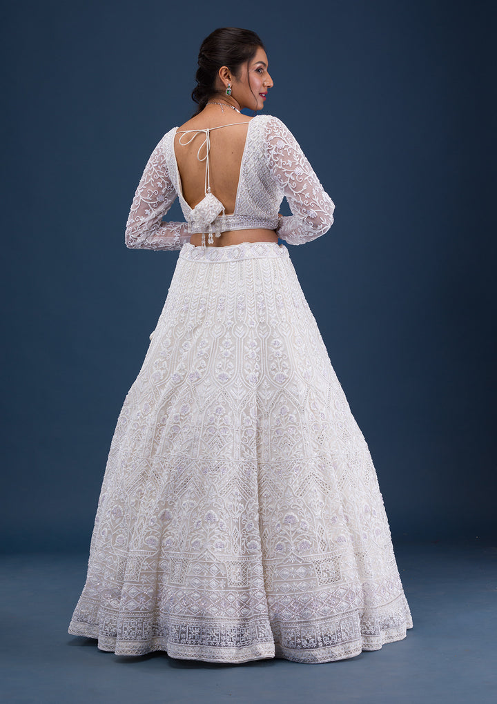 Cream Pearlwork Net Readymade Lehenga