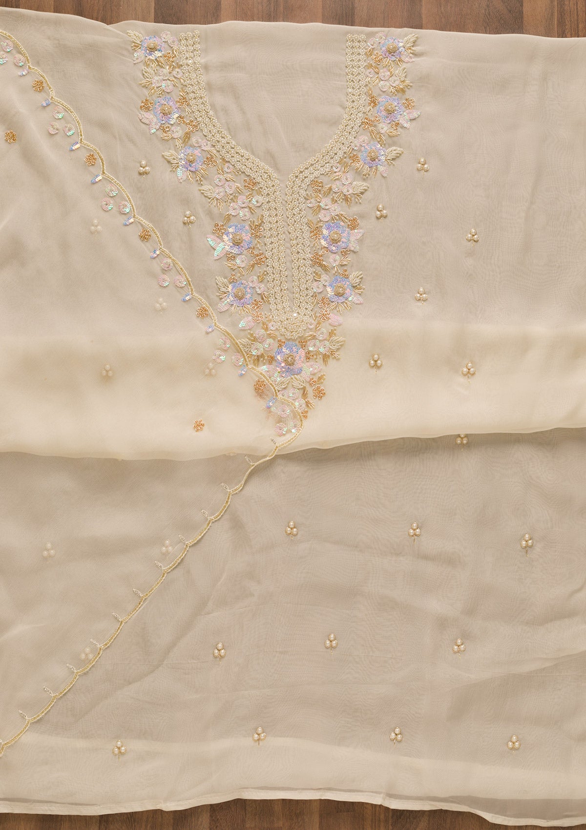 Cream Pearlwork Organza Unstitched Salwar Suit-Koskii