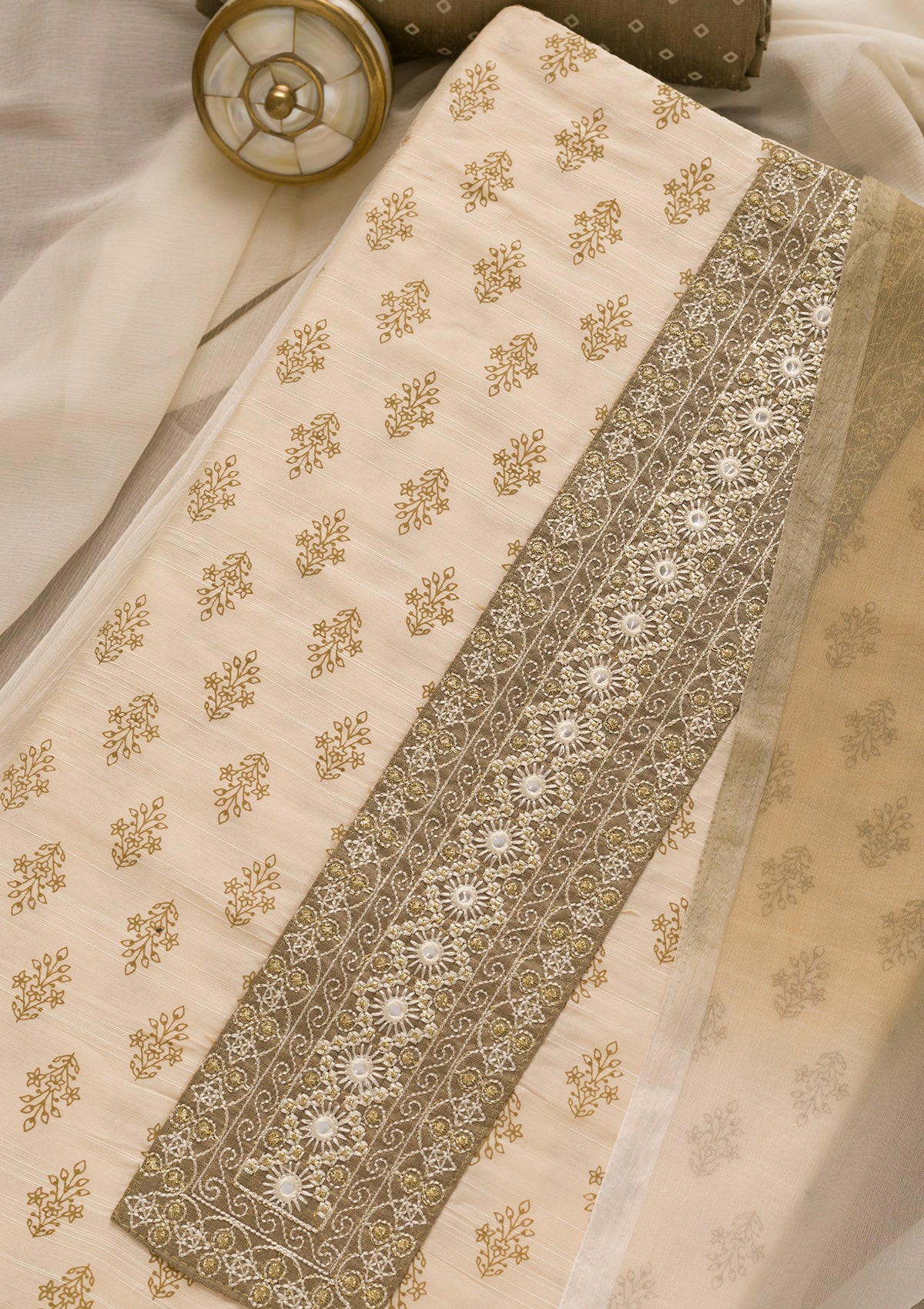 Cream Printed Chanderi Unstitched Salwar Suit