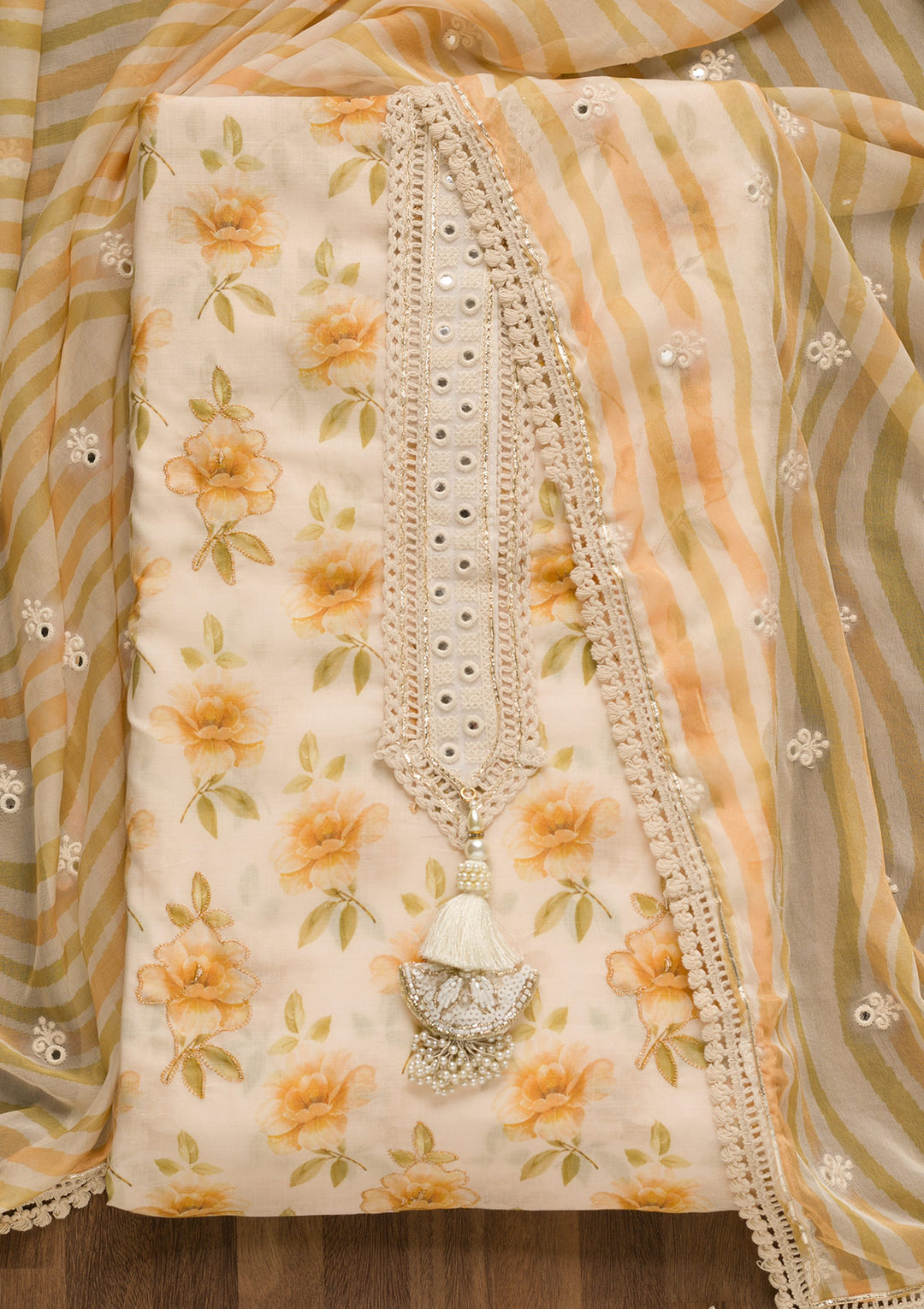 Cream Printed Cotton Unstitched Salwar Suit