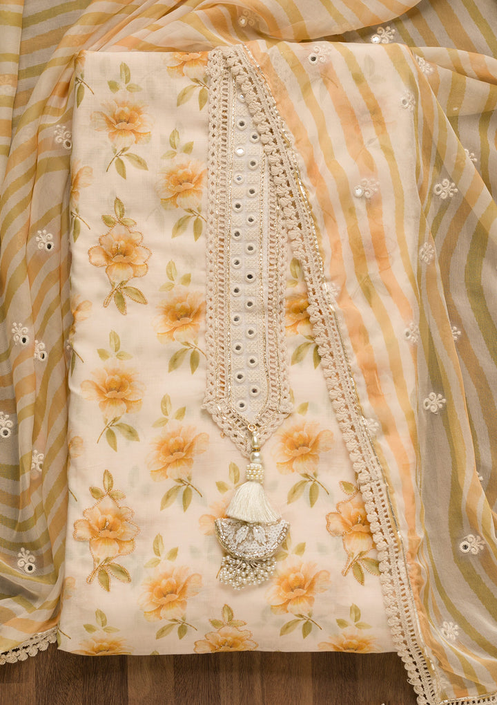 Cream Printed Cotton Unstitched Salwar Suit