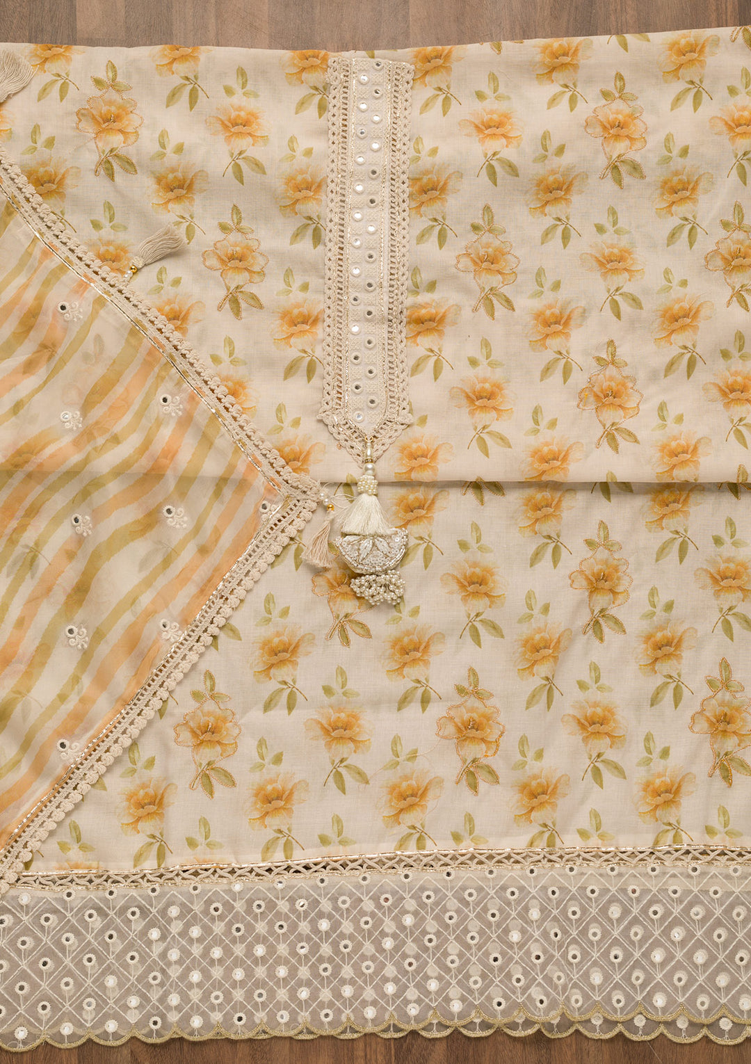 Cream Printed Cotton Unstitched Salwar Suit
