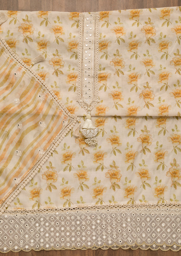 Cream Printed Cotton Unstitched Salwar Suit
