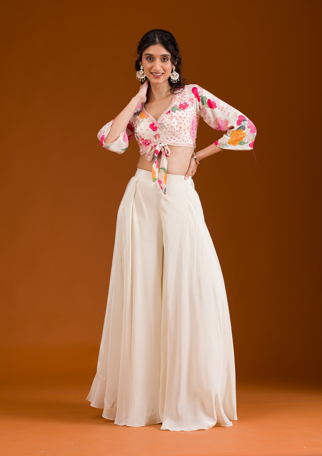 Cream Printed Semi Crepe Readymade Salwar Suit