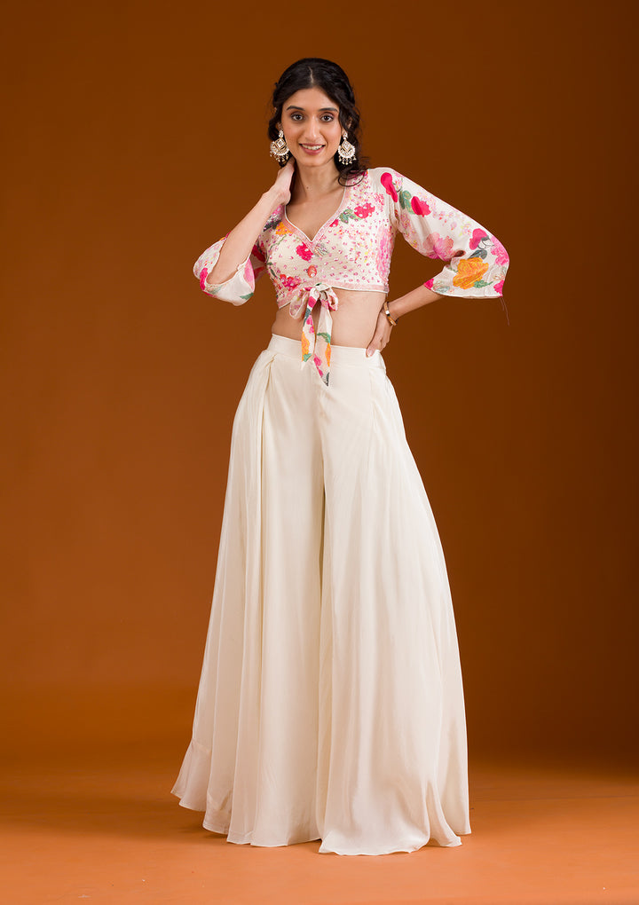 Cream Printed Semi Crepe Readymade Salwar Suit