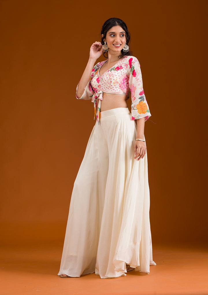 Cream Printed Semi Crepe Readymade Salwar Suit