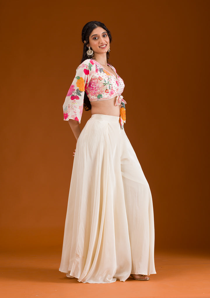 Cream Printed Semi Crepe Readymade Salwar Suit